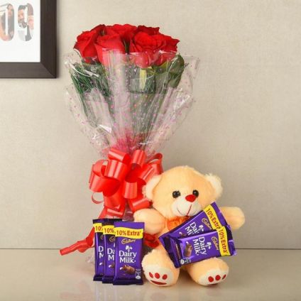 Red Rose,Cadbury Dairy Milk & Soft toy.